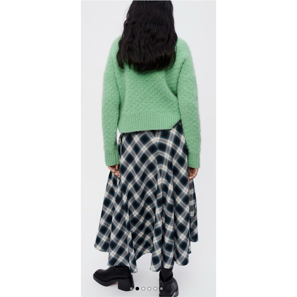 Maje Green White Checked Tartan Cotton Midi Skirt Women’s Size 36 Small NWT - Picture 2 of 8
